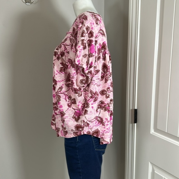 Anthropologie Pilcro Top Pink Combo Floral Ruched Henley Tee Size L - Picture 6 of 14